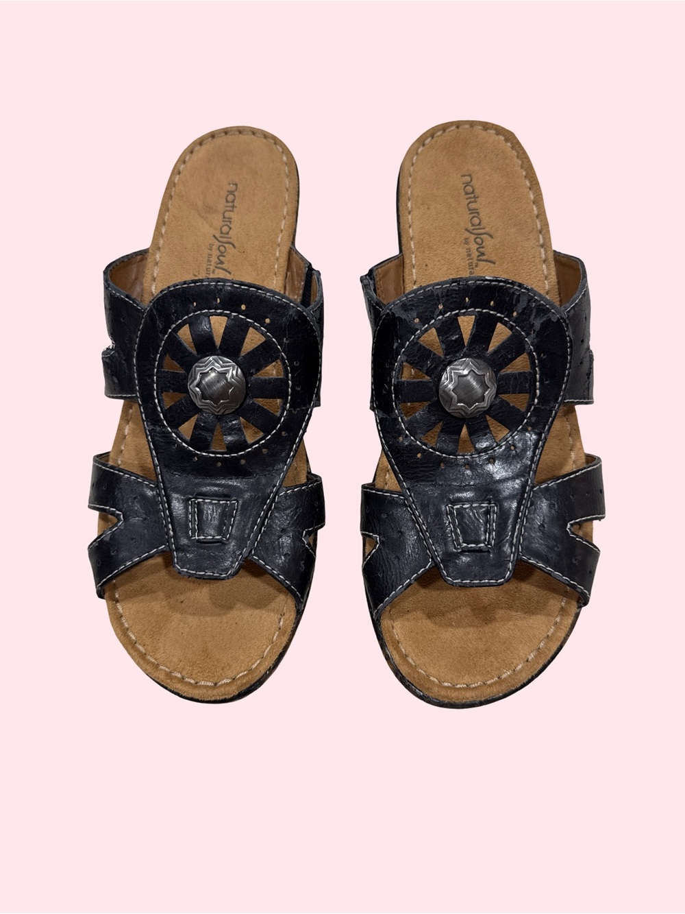 Naturalizer Black Leather Slide Sandals with Decorative Concho